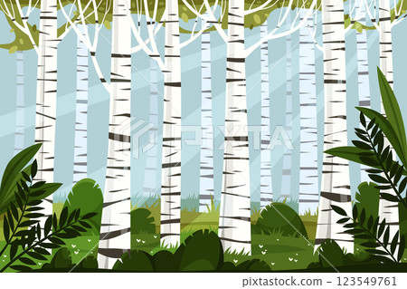 Vector birch forest background. Tall white barked wood and lush greenery. Landscape with spring tree. Woodland with timber. Panoramic flora at park. Ecology and eco environment. Nature trunk sign. 123549761