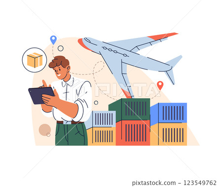 Airplane with cargo containers for airmail delivery. Vector freight transportation or express shipping, postal and logistics. Global trade via aviation network. International commerce. Air parcel. 123549762