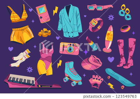 Set of vector icon of women items. 90s fashion and beauty outfit and vintage style accessory. Classic girl power aesthetic style. Swimsuit and lady costume, dress and wear. Lady, female, woman symbol. Set of vector icon of women items. 90s fashion and beauty outfit and vintage style accessory. Classic girl power aesthetic style. Swimsuit and lady costume, dress and wear. Lady, female, woman symbol. 123549763