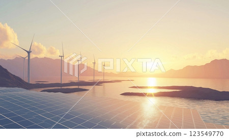 Solar panels and wind turbines on the coast against a beautiful landscape, 3d rendering 123549770