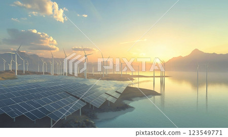 Solar panels and wind turbines on the coast against a beautiful landscape, 3d rendering 123549771