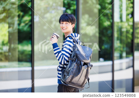 College students drinking coffee on a beautiful fresh green campus "LINK FOREST" 123549808