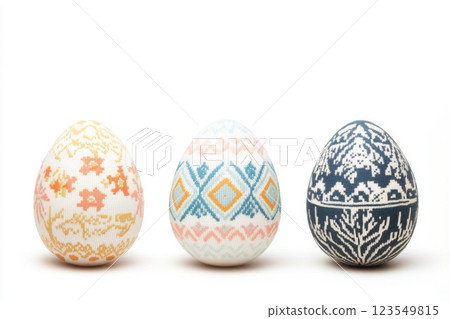 Stitch embroidered Easter eggs isolated on white background create a festive and artistic display, showcasing intricate designs and colors perfect for celebrating the holiday season 123549815