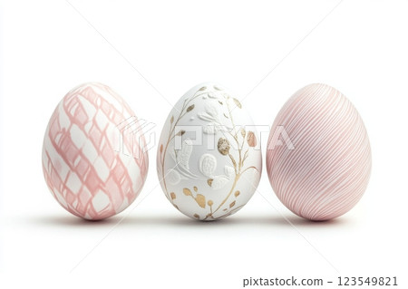 Contemporary design of Easter eggs isolated on white background showcasing intricate patterns and delicate textured details for festive decoration Contemporary design of Easter eggs isolated on white background showcasing intricate patterns and delicate textured details for festive decoration 123549821