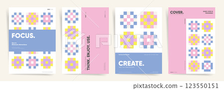 Soft Pastel Geometric Pattern Cover Design. Floral Spring Minimal Abstract Layout for Brochure, Flyer, Poster, Business Branding, Corporate Identity, Marketing, Advertising, Print 123550151