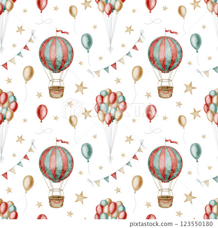 Watercolor seamless pattern with hot air Balloons and festive banners. Illustration of background with stars and vintage air ship in green and red colors in vintage Circus style for nursery wallpaper. 123550180