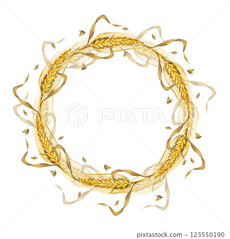 Wreath of wheat ears, wheat leaves and ripe grains. All objects are hand-drawn with watercolors and isolated on a white background. Suitable for printing on fabric, product packaging, and tableware. 123550190