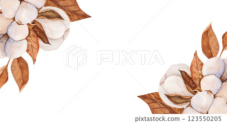 Hand drawn watercolor frame with cotton plant and brown dry leaves. Vintage botanical illustration. Template with space for text. Perfect for invitations, packaging, branding, textile, decor Hand drawn watercolor frame with cotton plant and brown dry leaves. Vintage botanical illustration. Template with space for text. Perfect for invitations, packaging, branding, textile, decor 123550205