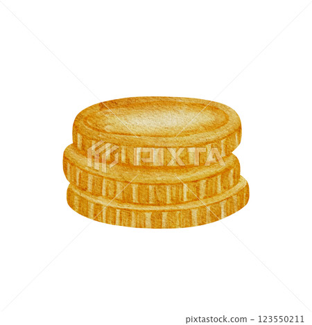 Hand drawn watercolor illustration of gold coins. Realistic style, warm golden tones. Perfect for St Patrick's Day, games, treasure themes, prints, stickers, greeting cards, scrapbooking, decor. 123550211
