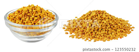 Bee pollen grains in glass bowl isolated on white background 123550232