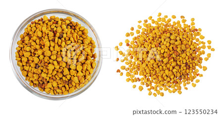 Bee pollen grains in glass bowl isolated on white background. Top view. Flat lay 123550234