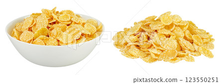 Cornflakes in ceramic bowl isolated on white background. 123550251