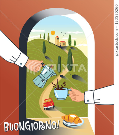 Vector illustration in cartoon style with people pouring coffee for breakfast from a coffee maker. Italy landscape background 123550260