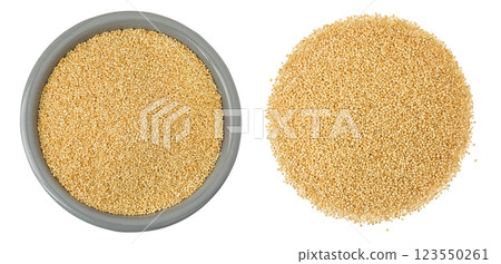 Amaranth grain seeds in ceramic bowl isolated on white background. Top view. Flat lay Amaranth grain seeds in ceramic bowl isolated on white background. Top view. Flat lay 123550261