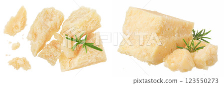 Pieces of parmesan cheese with rosemary isolated on white background. Top view. Flat lay 123550273