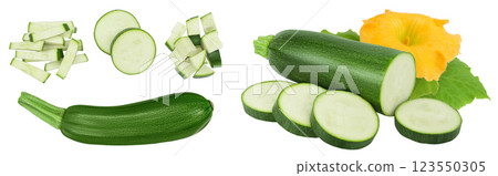 Fresh sliced zucchini isolated on white background with full depth of field. Top view. Flat lay 123550305