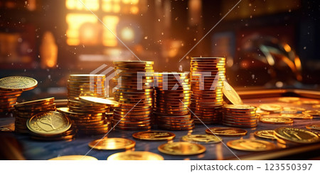 Pile of golden coins with gold bokeh background. Jackpot fortune concept. Generative AI Pile of golden coins with gold bokeh background. Jackpot fortune concept. Generative AI 123550397