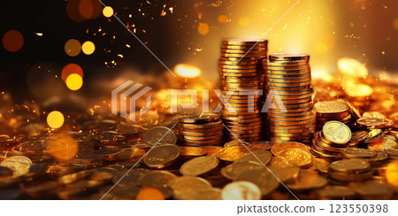 Pile of golden coins with gold bokeh background. Jackpot fortune concept. Generative AI 123550398