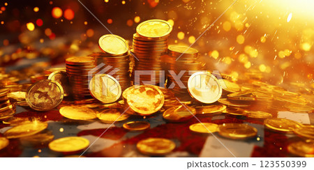 Pile of golden coins with gold bokeh background. Jackpot fortune concept. Generative AI Pile of golden coins with gold bokeh background. Jackpot fortune concept. Generative AI 123550399