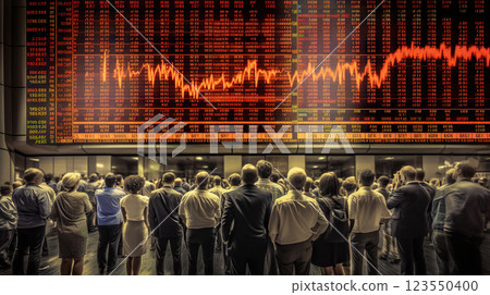Stock traders from behind looking at financial graph on big screen. Equity or share trading concept. Generative AI 123550400