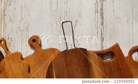 Variety of Multifunctional Circular Wooden Cutting Board for Cutting or Serve . Top View Variety of Multifunctional Circular Wooden Cutting Board for Cutting or Serve . Top View 123550501