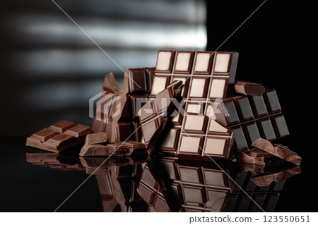 Broken bitter chocolate bars on a black glossy background. Broken bitter chocolate bars on a black glossy background. 123550651