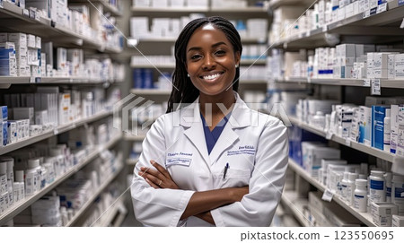 Female pharmacist stands confidently in a spacious pharmacy, showcasing her expertise and friendly demeanor as she engages with customers 123550695