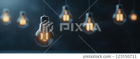 Hanging vintage light bulbs create a warm atmosphere in a minimalist room, enhancing the cozy feel of a modern urban setting at dusk 123550711
