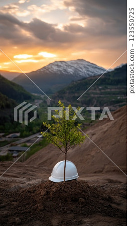 Young plant emerges from soil near safety helmet at a power plant construction site under a vibrant sunset sky, symbolizing new life 123550725