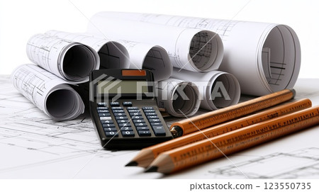 Architectural project materials laid on a table at a construction site, featuring blueprints, pencils, and city lights in the background 123550735
