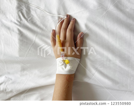 Close up IV drip in female hand in hospital bed. Hospital Iv Drip and Peripheral Catheter. Close up IV drip in female hand in hospital bed. Hospital Iv Drip and Peripheral Catheter. 123550980