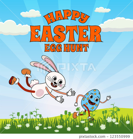 Easter egg hunt poster, bunny hunting for egg. Spring meadow, city park, landscape 123550999
