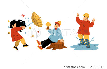 Cute Children Characters Enjoy Autumn Season Vector Set 123551103
