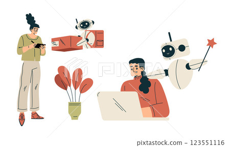 Artificial Intelligence Technology with People Character Interacting with Smart Bot Vector Set Artificial Intelligence Technology with People Character Interacting with Smart Bot Vector Set 123551116