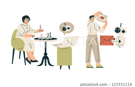 Artificial Intelligence Technology with People Character Interacting with Smart Bot Vector Set 123551119
