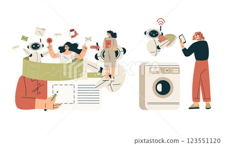 Artificial Intelligence Technology with People Character Interacting with Smart Bot Vector Set 123551120