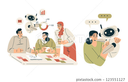 Artificial Intelligence Technology with People Character Interacting with Smart Bot Vector Set 123551127
