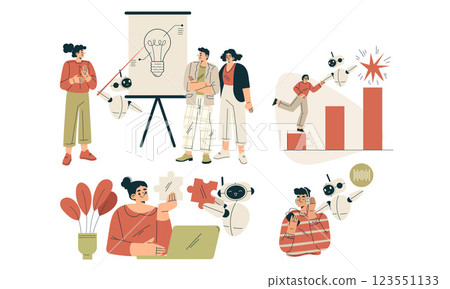 Artificial Intelligence Technology with People Character Interacting with Smart Bot Vector Set 123551133