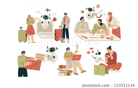 Artificial Intelligence Technology with People Character Interacting with Smart Bot Vector Set 123551134
