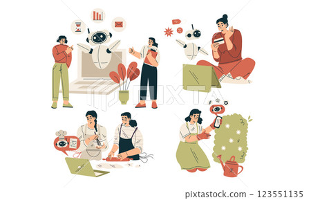 Artificial Intelligence Technology with People Character Interacting with Smart Bot Vector Set 123551135