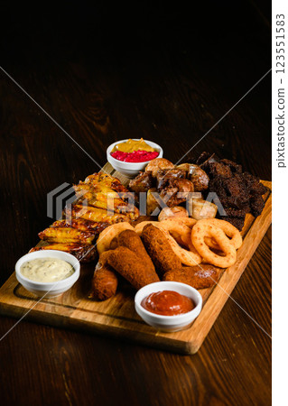 Assorted grilled meat appetizers on wooden board, top view. Assorted grilled meat appetizers on wooden board, top view. 123551583