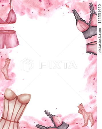 Lingerie. Frame postcard with women corset and lace socks, panties. Pink watercolor spot along the perimeter. Illustration isolated from the background. For invitations, brochure in underwear store Lingerie. Frame postcard with women corset and lace socks, panties. Pink watercolor spot along the perimeter. Illustration isolated from the background. For invitations, brochure in underwear store 123551650