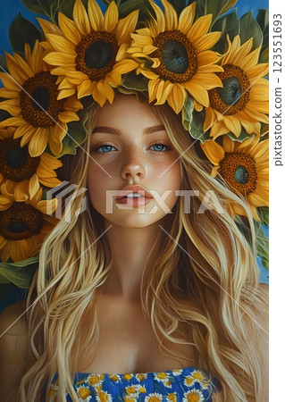Futuristic creative portrait of Ukrainian girl with a wreath of sunflowers on her head 123551693