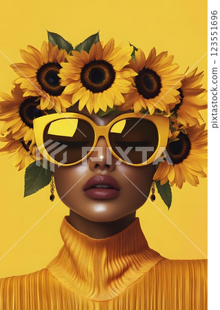 Futuristic creative portrait of Ukrainian girl with a wreath of sunflowers on her head 123551696