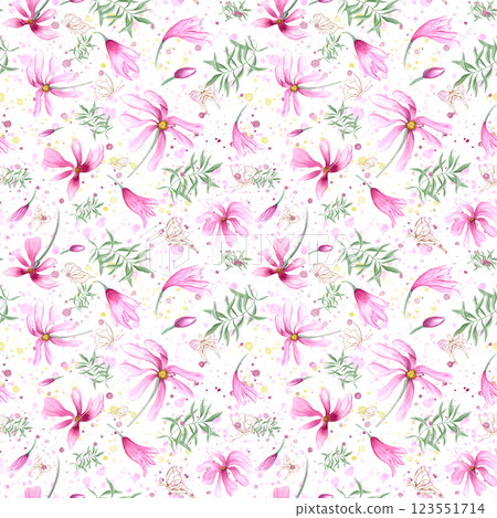 Spring abstract pink magnolia flowers, green leaves and fluttering golden butterflies seamless pattern on watercolor colored splashes. Bright floral ornate for textile, canvas, holiday package 123551714