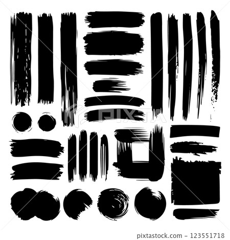 A detailed set of textured brush strokes with varied sizes and patterns. Ideal for branding, posters, and creative projects. 123551718