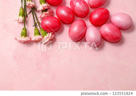 Happy Easter concept, spring card, banner for screen with place for congratulations, composition with decorated pink Easter eggs and carnations, template for design. selective focus Happy Easter concept, spring card, banner for screen with place for congratulations, composition with decorated pink Easter eggs and carnations, template for design. selective focus 123551824
