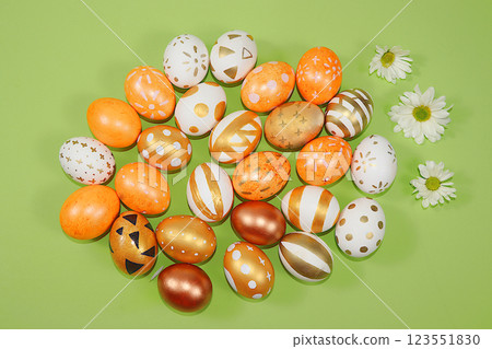 Happy Easter concept, banner for screen, composition with decorated assorted Easter eggs, template for design. spring card, selective focus 123551830