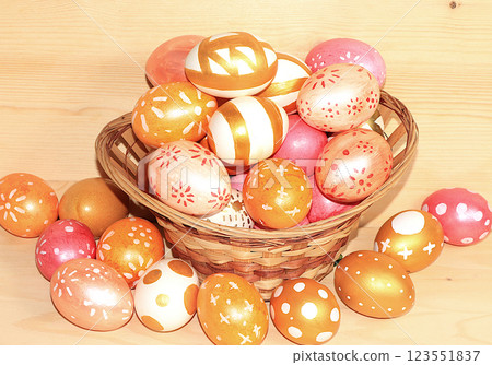 Happy Easter concept, banner for screen, composition with decorated assorted Easter eggs, template for design. spring card, selective focus 123551837