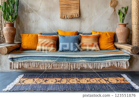 Rustic seating area with colorful cushions, woven textiles, and clay pots in a warm earthy setting 123551876